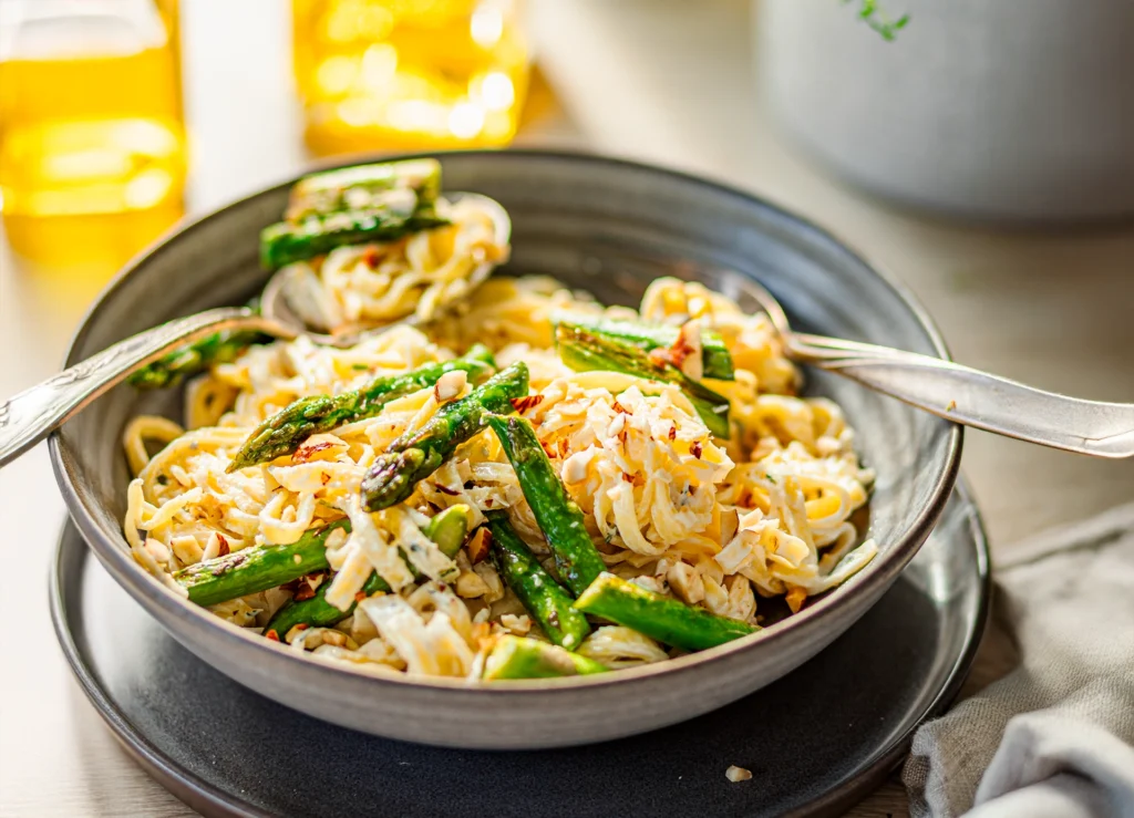 Zitronen-Ziegenkäse-Pasta auf Teller in sonnigem Licht