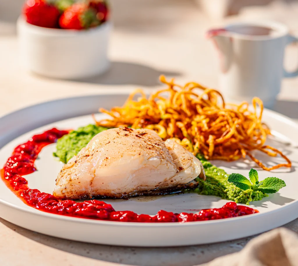 Kabeljau mit Erbsenpüree, Erdbeer-Chili-Sauce und Kartoffelstroh