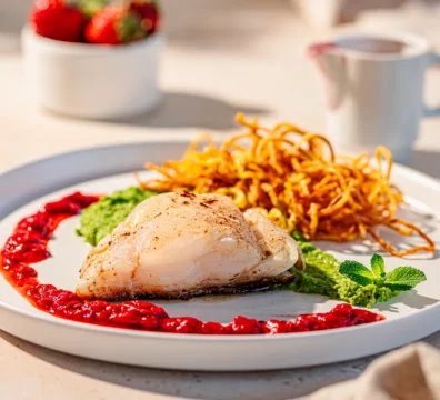 Kabeljau mit Erbsenpüree, Erdbeer-Chili-Sauce und Kartoffelstroh