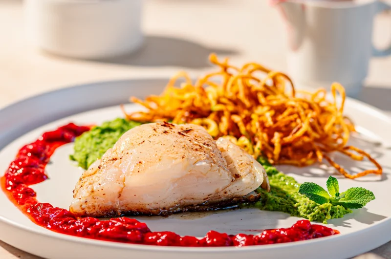 Kabeljau mit Erbsenpüree und Erdbeer-Chili-Sauce